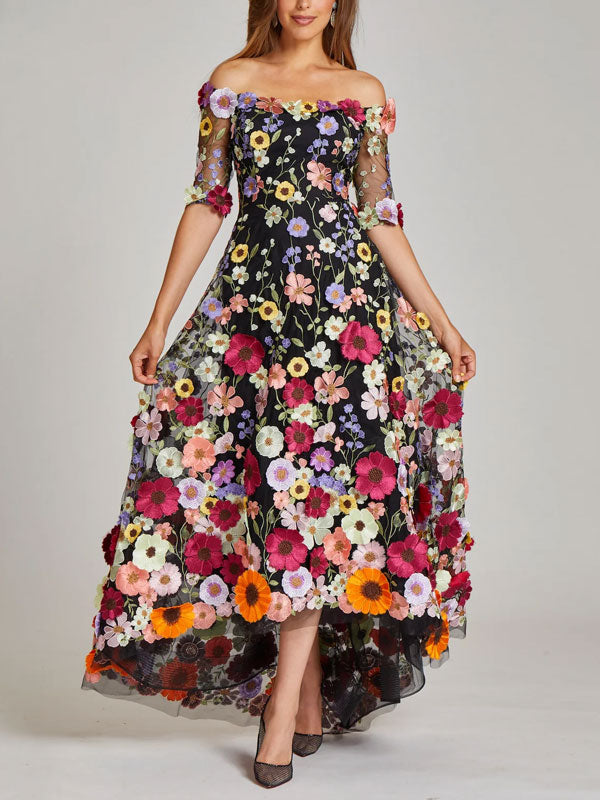 Women's Off-Shoulder Floral Appliquéd Lace Dress