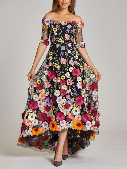 Women's Off-Shoulder Floral Appliquéd Lace Dress