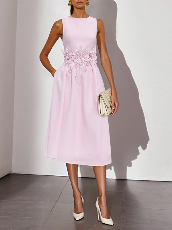 Pink Ruched Floral Classic One Shoulder Sleeveless A-Line Midi Dress