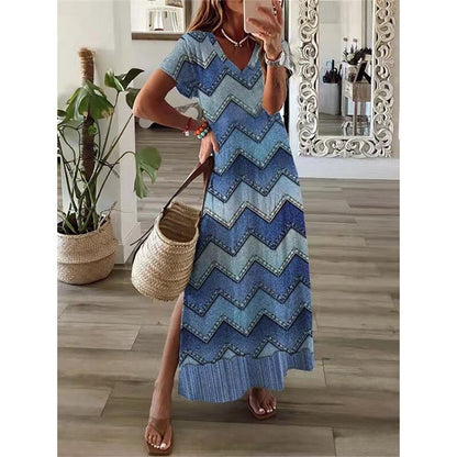 loveedsTM- Vintage Print Maxi Dress Women 2024 Summer Elegant V Neck Short Sleeve Loose Split Casual Dress Female Party Boho Beach Vestidos