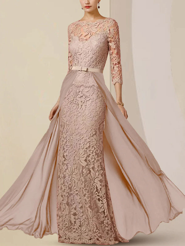 Round Neck Lace Solid Color Maxi Dress