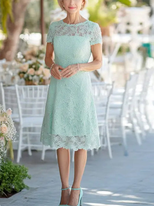 Light Green Round Neck Lace Short Sleeves Midi Dress