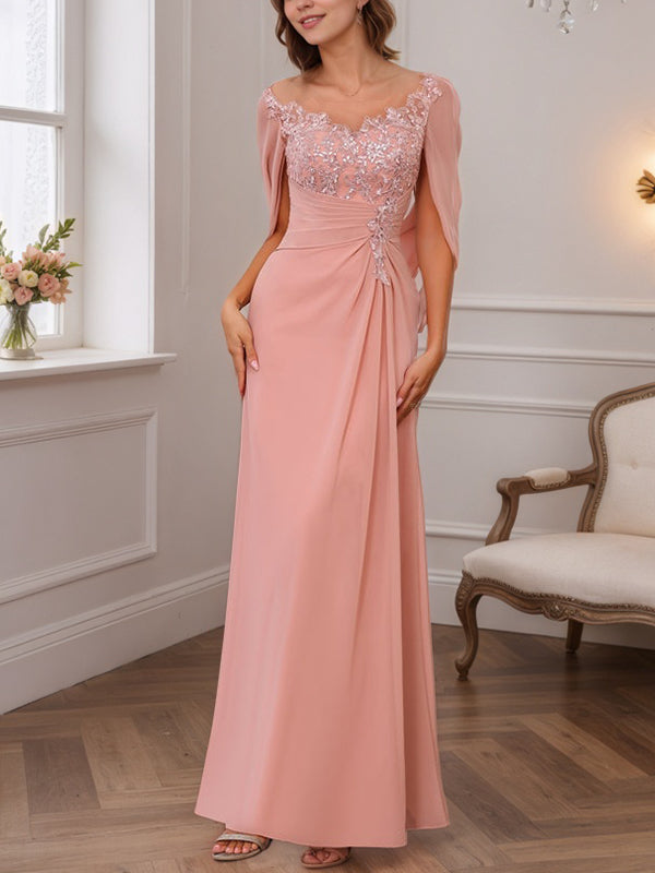 A-Line/Princess Illusion Scoop Appliques Ruched Mother of the Bride Dresses with Cape