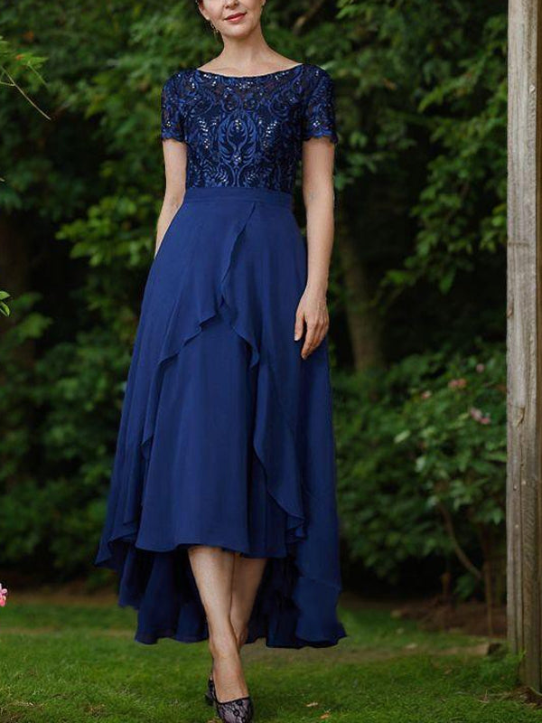 Round Neck Short Sleeve Lace Midi Dress