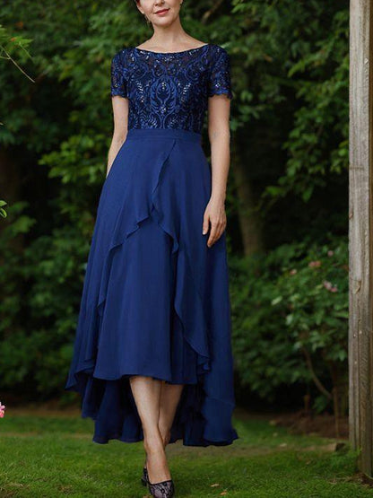 Round Neck Short Sleeve Lace Midi Dress