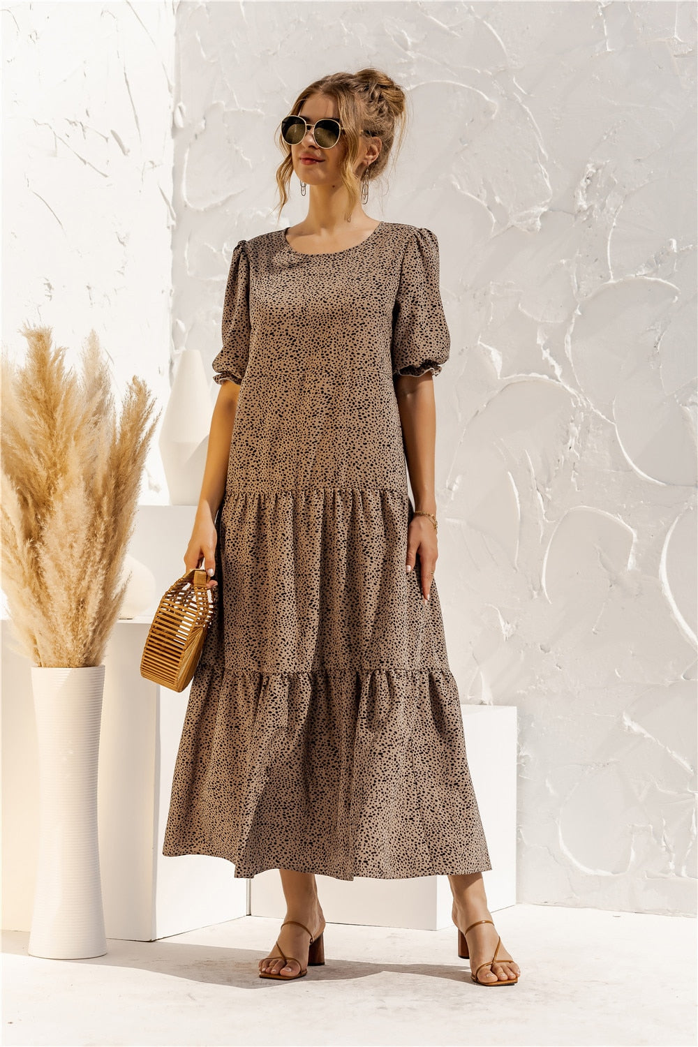 loveedsTM-Summer Polka Dot Plaid Print Robe Maxi Dress Women Elegant Puff Sleeve Casual Patchwork Loose Holiday Party Long Vestidos