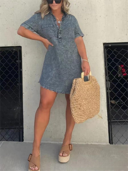 loveedsTM-Short Sleeve Casual Denim Shirt Dress