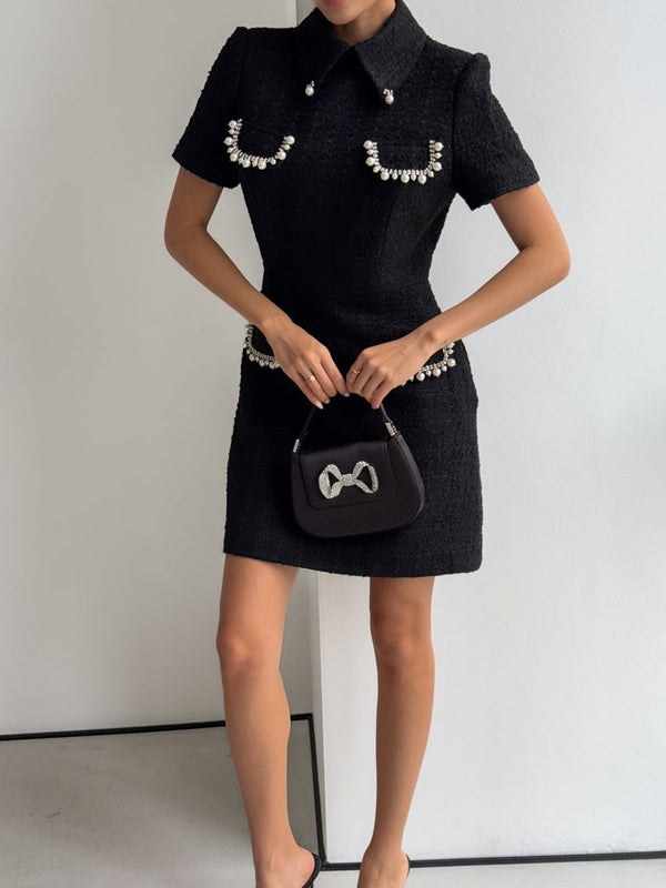 Lapel Tweed Pearl Decoration Women's Dress