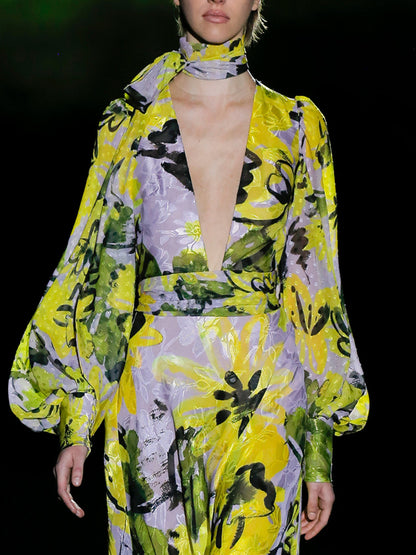 Deep V Chiffon Floral Catwalk Women's Dress