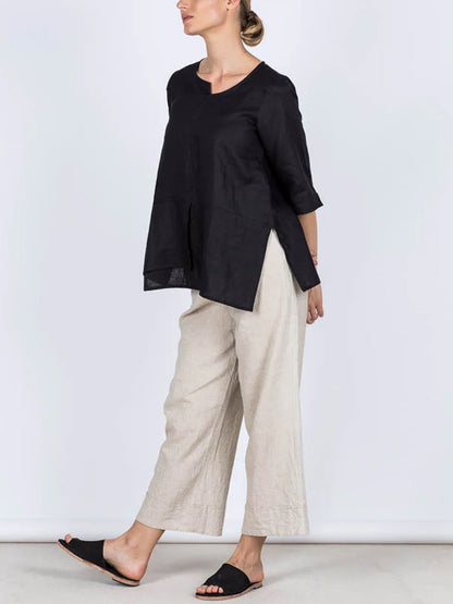 Solid Color Cotton And Linen Top