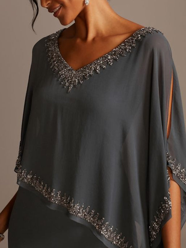 Beaded V-neck Chiffon Cape Sheath Maxi Dress