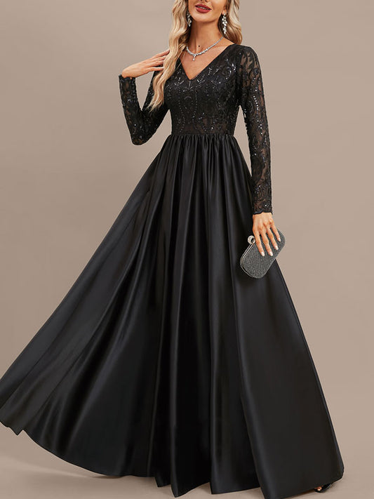 A-line V-Neck Floor-Length Satin Lace Evening Dress With Sequins