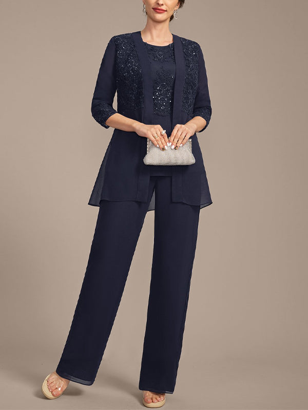 Round Neck Lace Solid Color Chiffon Top And Trousers Three-Piece Suit