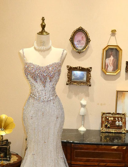 Exquisite Mermaid Spaghetti Strap Beaded Sequin Tulle Prom Dress Date Dress SH3694