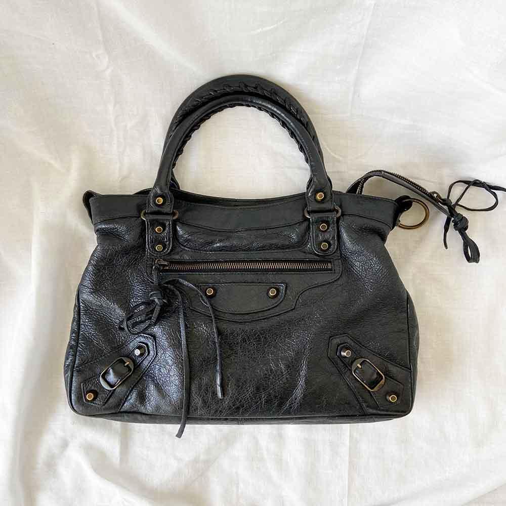 Balenciaga Black Leather Motocross Classic Town Satchel