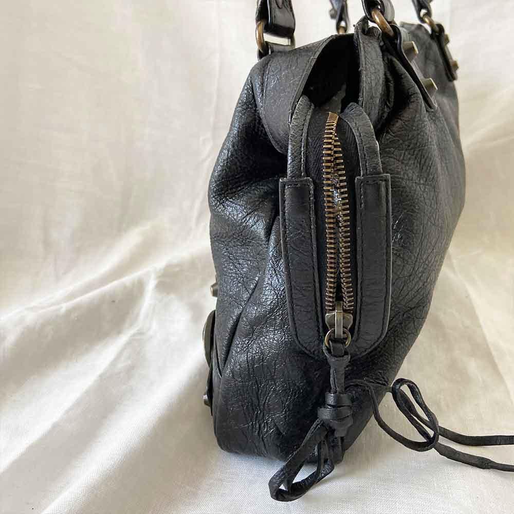 Balenciaga Black Leather Motocross Classic Town Satchel