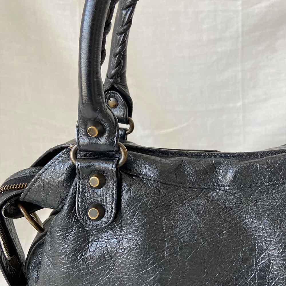 Balenciaga Black Leather Motocross Classic Town Satchel