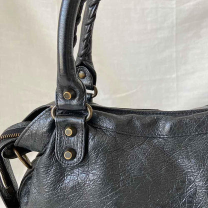 Balenciaga Black Leather Motocross Classic Town Satchel