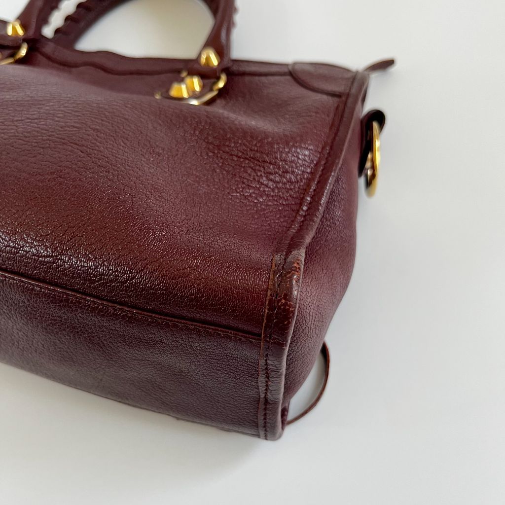 Balenciaga Burgundy Leather Small Metallic Edge City Bag