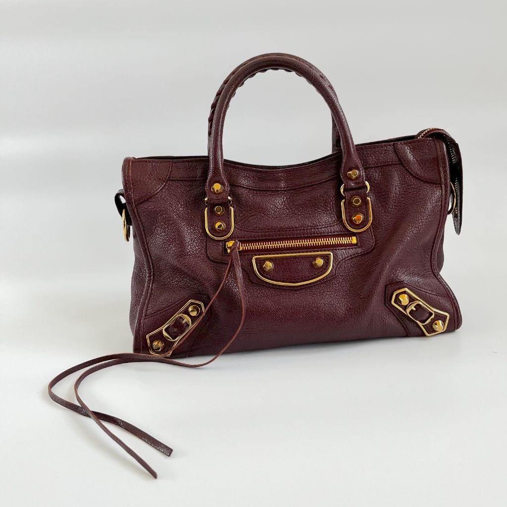 Balenciaga Burgundy Leather Small Metallic Edge City Bag