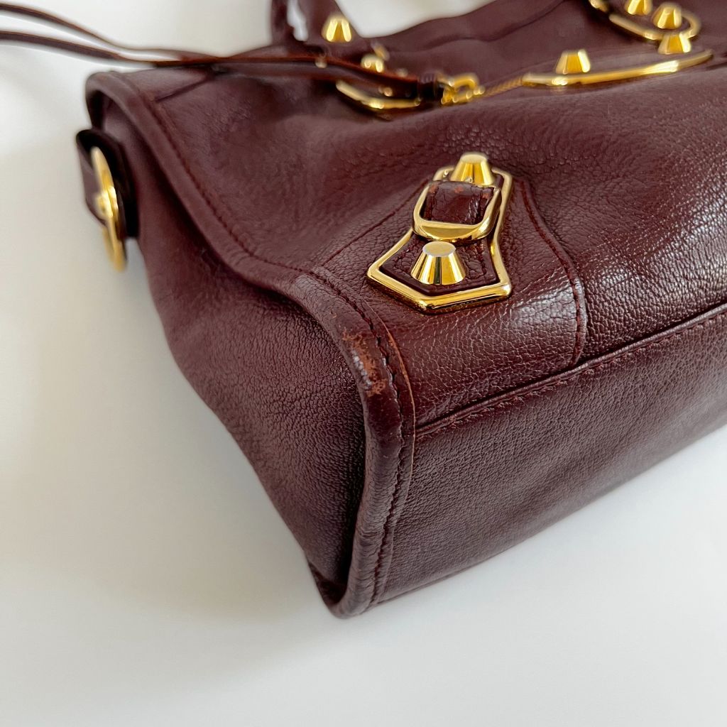 Balenciaga Burgundy Leather Small Metallic Edge City Bag