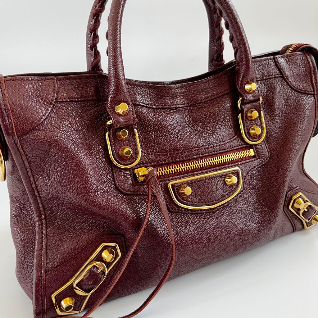Balenciaga Burgundy Leather Small Metallic Edge City Bag