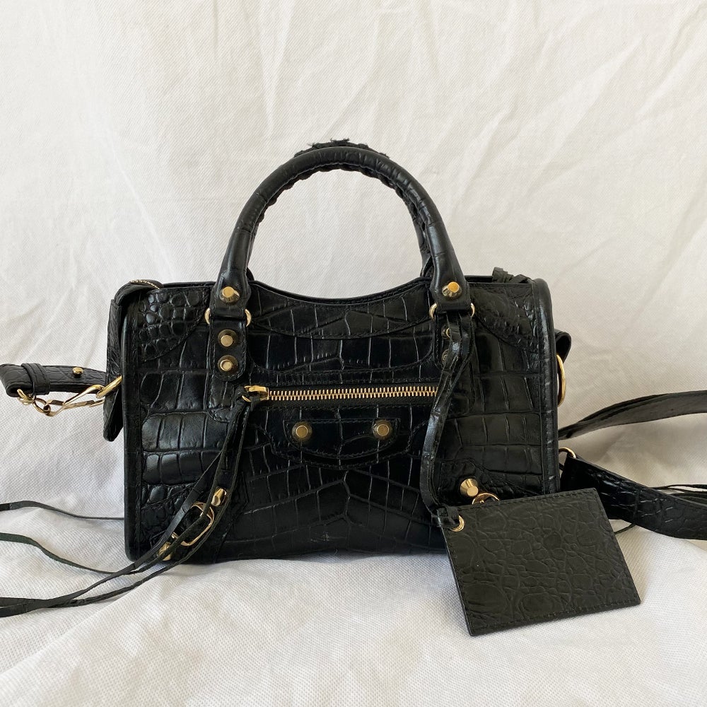 Balenciaga Giant 12 City Mini Croc-embossed Black Bag