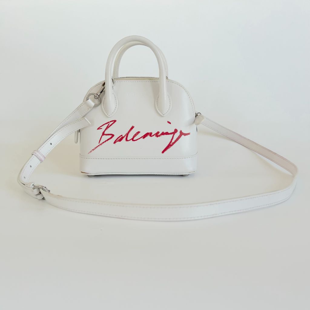 Balenciaga White Mini Ville Bag with Red Logo