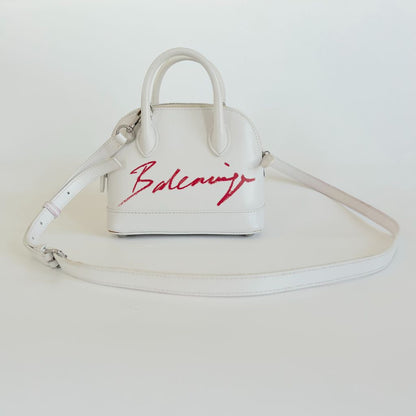 Balenciaga White Mini Ville Bag with Red Logo