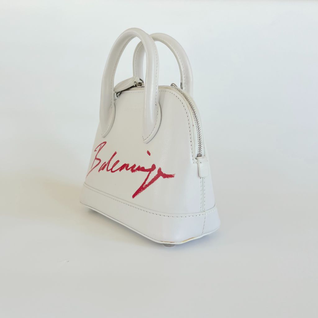 Balenciaga White Mini Ville Bag with Red Logo
