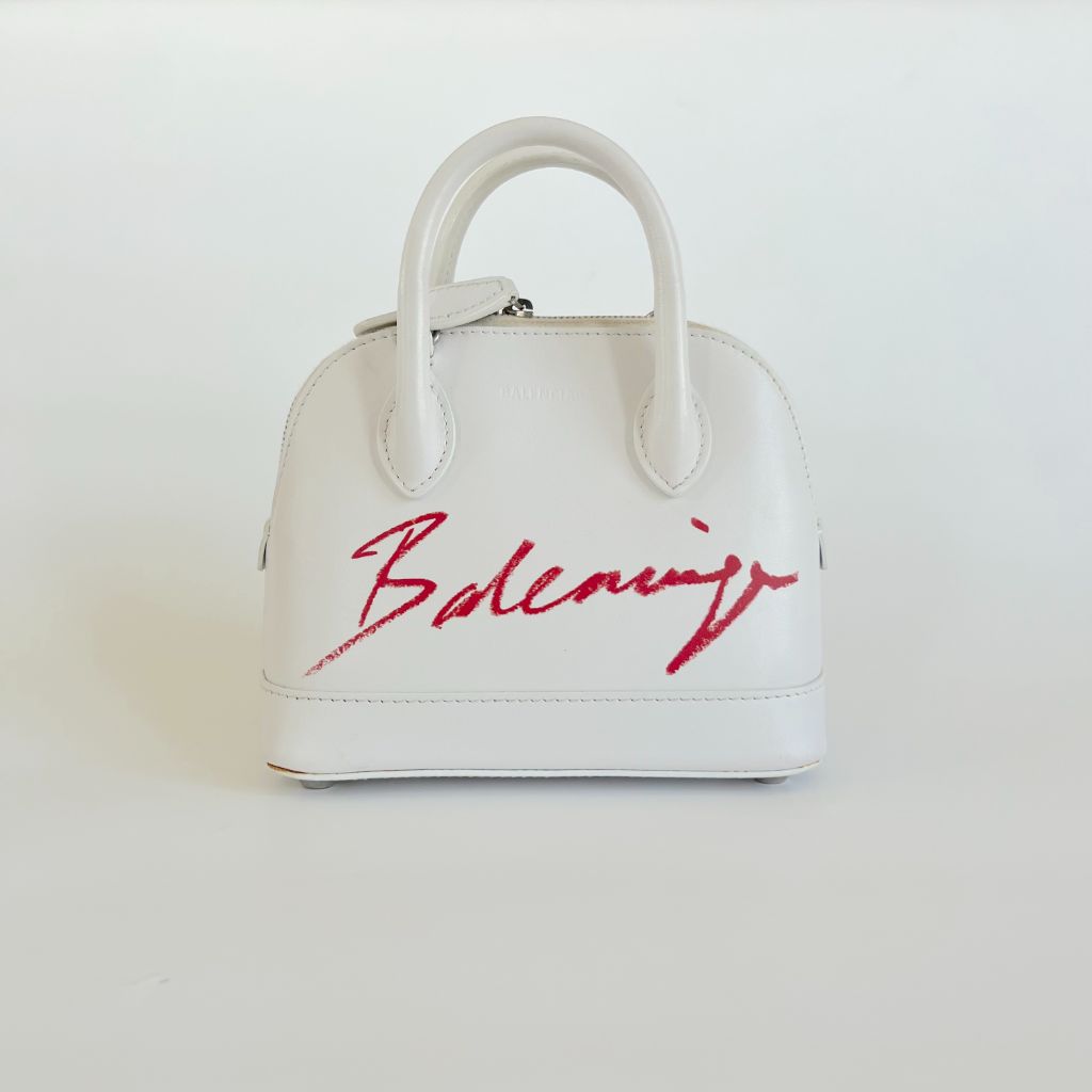 Balenciaga White Mini Ville Bag with Red Logo