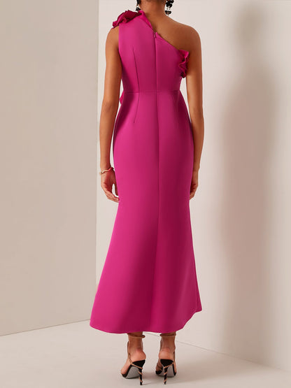 Ruffled One-Shoulder Slit A-Line Maxi Dress