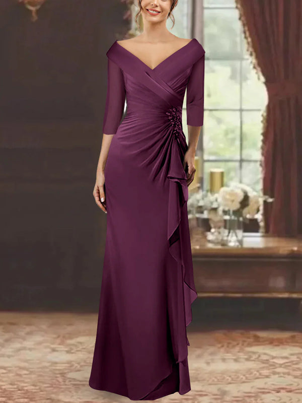 Sheath/Column V-Neck Half Sleeves Floor-Length Mother of the Bride Dresses with Ruffles & Appliques