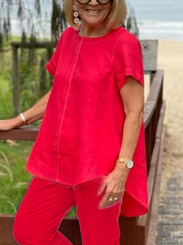 Simple Casual Solid Color Short Sleeve Women's Suit