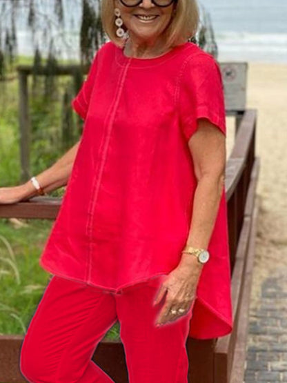 Simple Casual Solid Color Short Sleeve Women's Suit