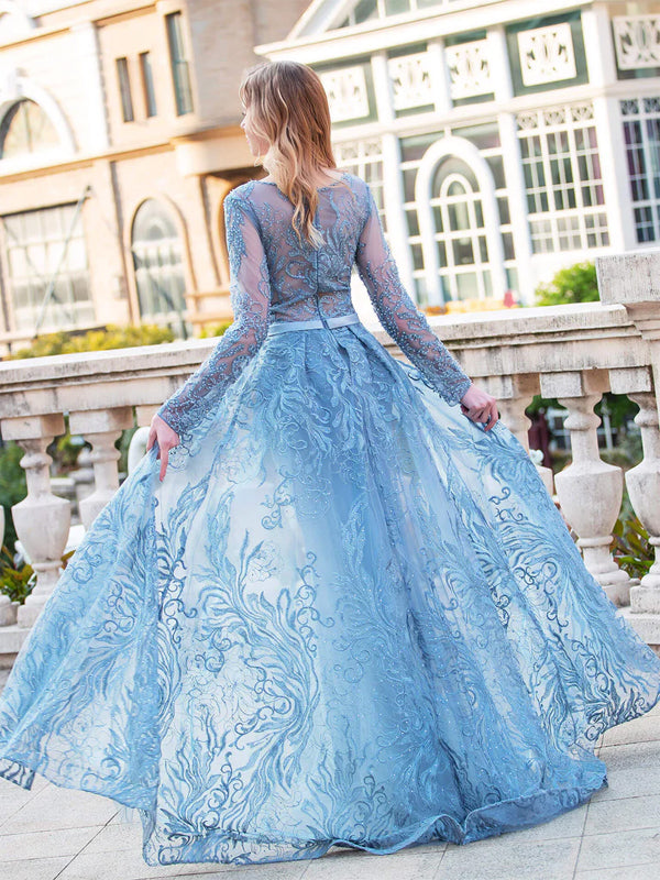 Round Neck Lace Long Sleeves Maxi Dress