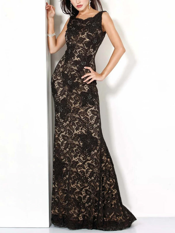 Round Neck Solid Color Lace Maxi Dress