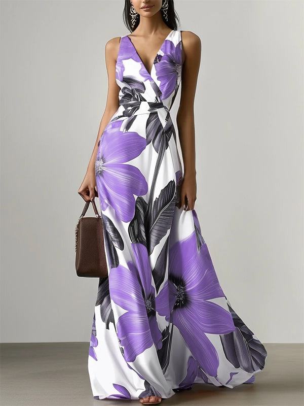 V-neck Sleeveless Printed Maxi Dress