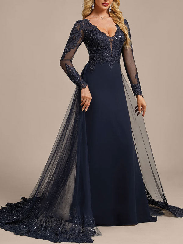 Detachable Lace Tulle Train Evening Dress