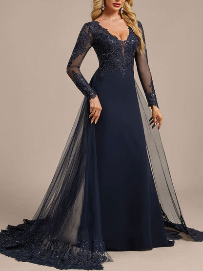 Detachable Lace Tulle Train Evening Dress
