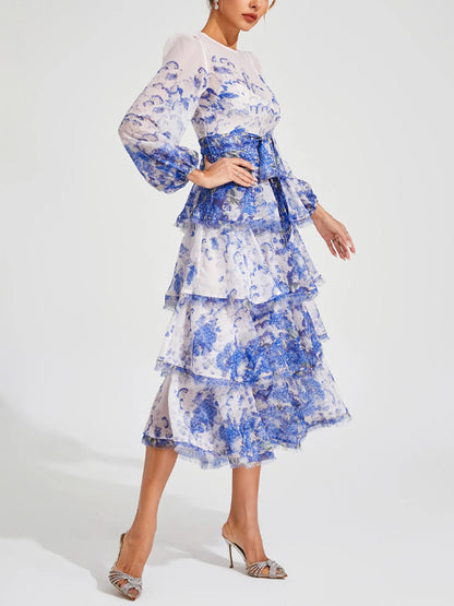 Round Neck Long Sleeves Printed Midi Dress