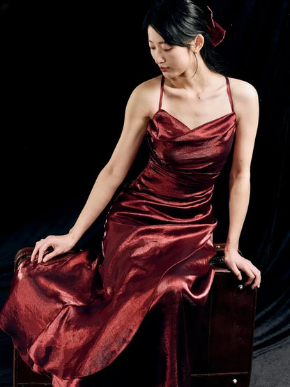 Charming Mermaid Spaghetti Strap Burgundy Satin Prom Dress Evening Dress SH2184