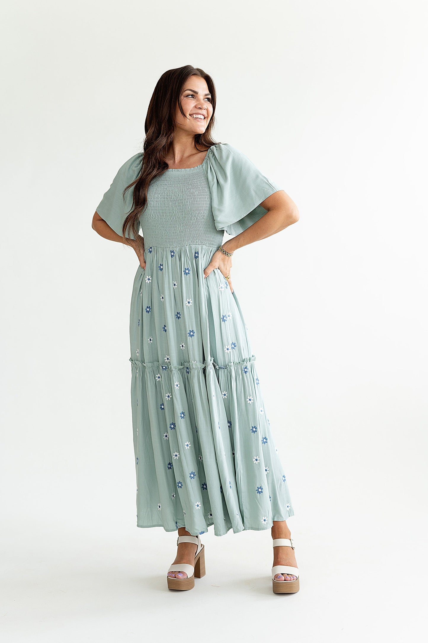 loveedsTM-Clementine Embroidered Dress in Dusty Blue