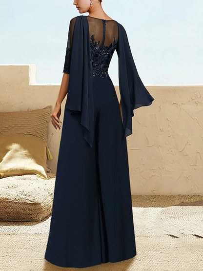 Round Neck Lace Solid Color Jumpsuit