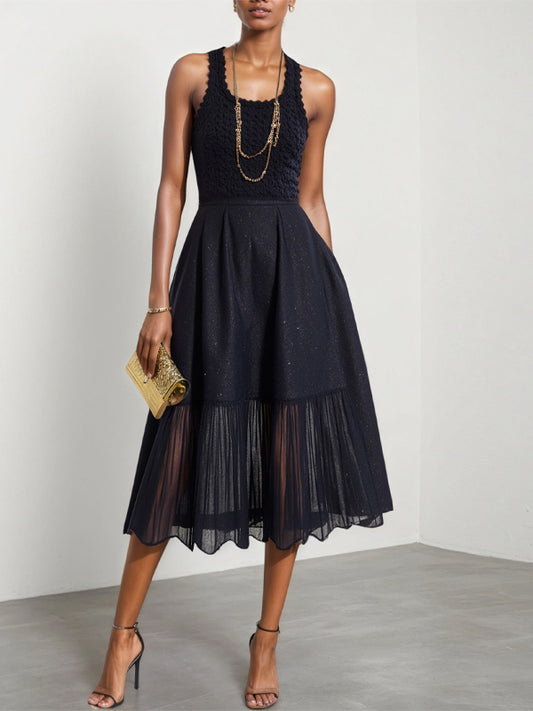 Black Jacquard Flash Classic Crew Neck Sleeveless A-Line Midi Dress