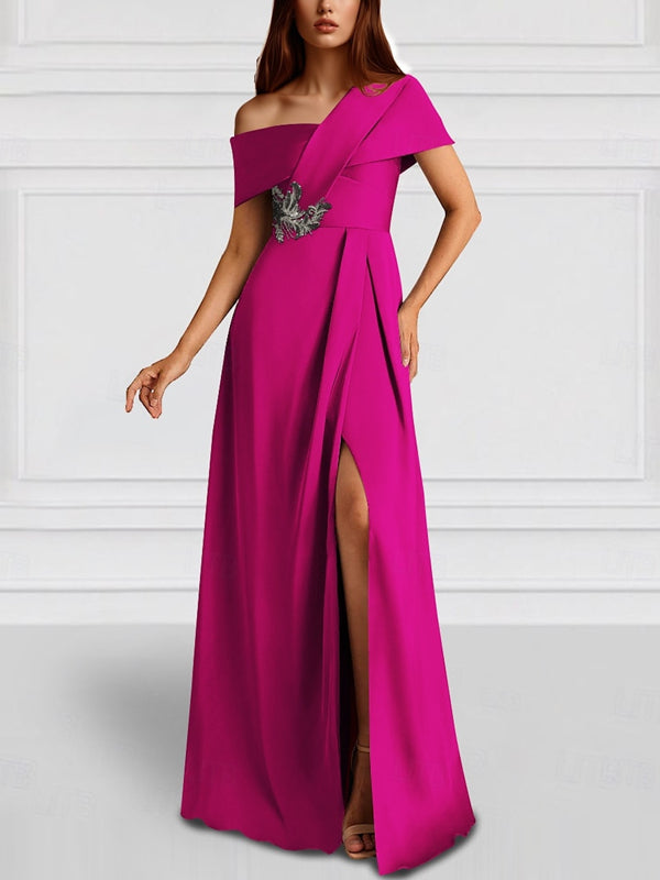 One Shoulder Pocket Satin Shawl Gown