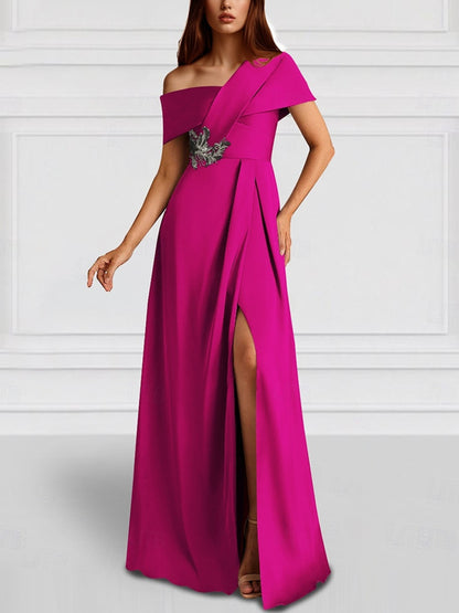 One Shoulder Pocket Satin Shawl Gown
