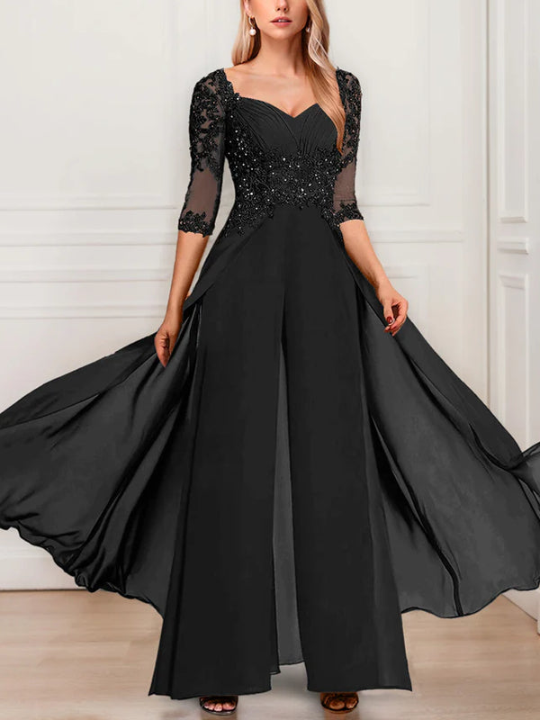 Chiffon V-Neck Half Sleeves Mother of the Bride Pantsuits with Applique