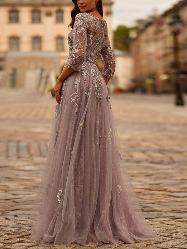 Pink V-neck Lace Mesh Maxi Dress
