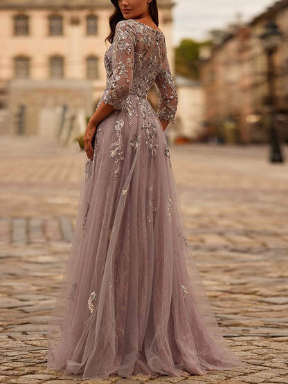Pink V-neck Lace Mesh Maxi Dress